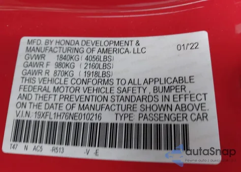 2022 Honda Civic Ex-L z USA, uszkodzony, nr VIN 19XFL1H76NE010216